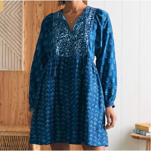 NWT Faherty Solstice Mini Dress Artisan Print Long Sleeve Blue Cotton Silk XXS - Picture 1 of 16
